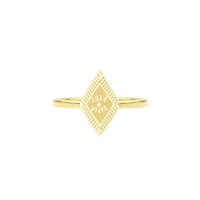 Minimalistisch ringetje met ruitvormig plaatje met tekst, Vintage sieraden