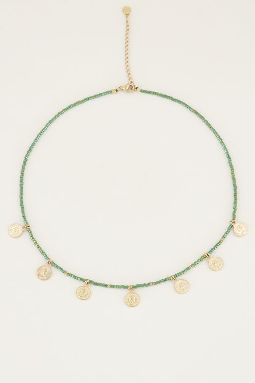 Necklace with green beads and coins, beaded necklace