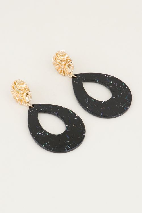 Zwarte oorhangers druppel met glitters, statement oorbellen My Jewellery