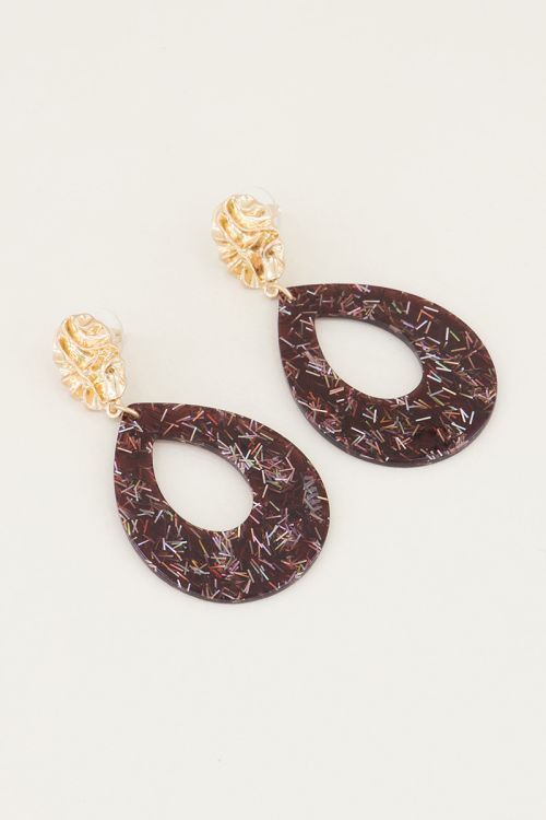 Bruine oorhangers druppel met glitters, grote oorbellen My Jewellery