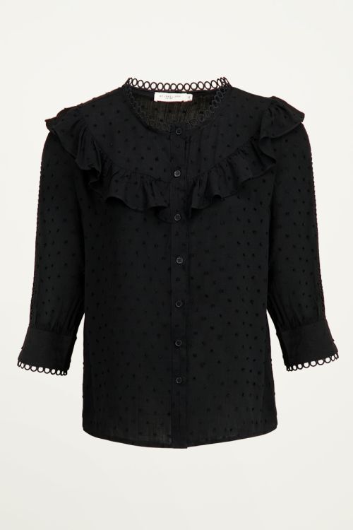 Witte blouse ruffles & stipjes | Zwarte dames blouse My Jewellery