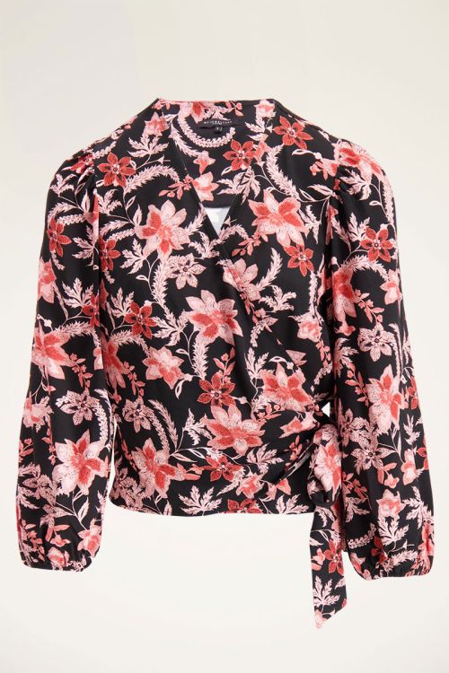Zwarte wikkelblouse met bloemenprint | My Jewellery