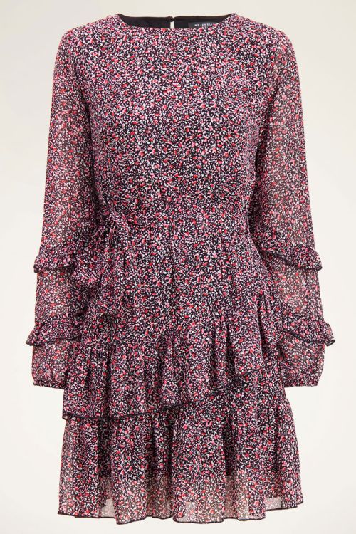 Roze jurk met bloemenprint en ruffle | My Jewellery