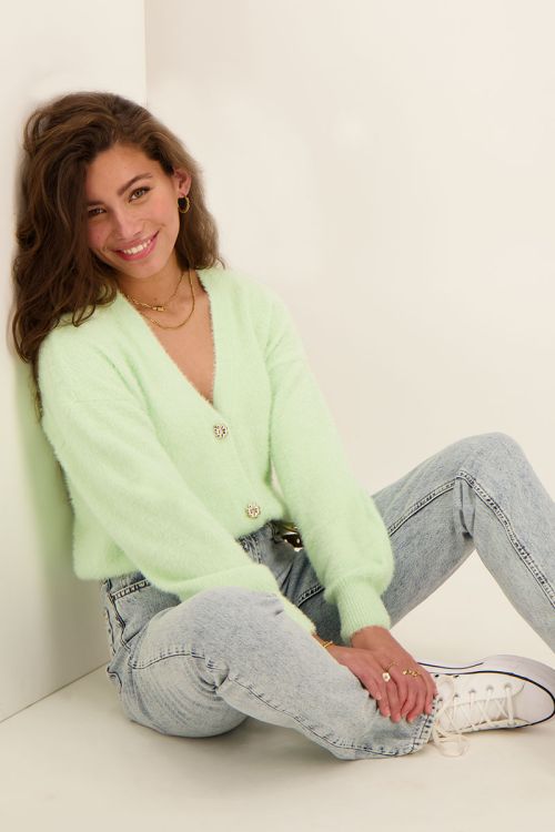 Mint green fluffy cardigan with floral 