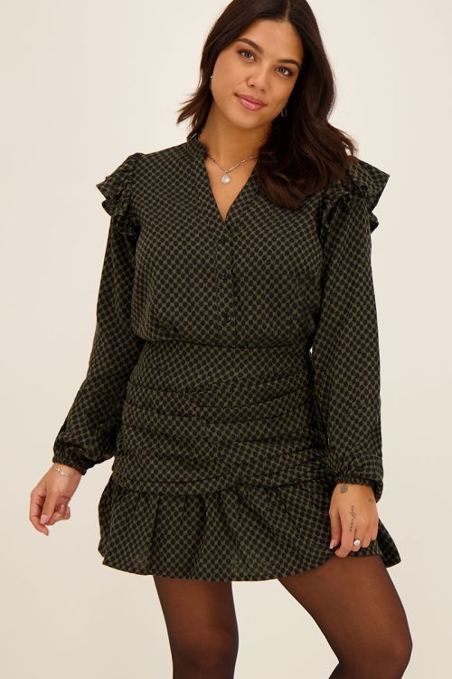 Groene blouse met zwarte grafische jacquard & ruffles | My Jewellery