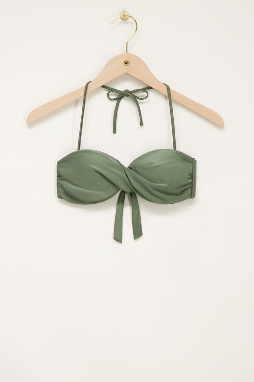 Shiny green knot-front bikini top
