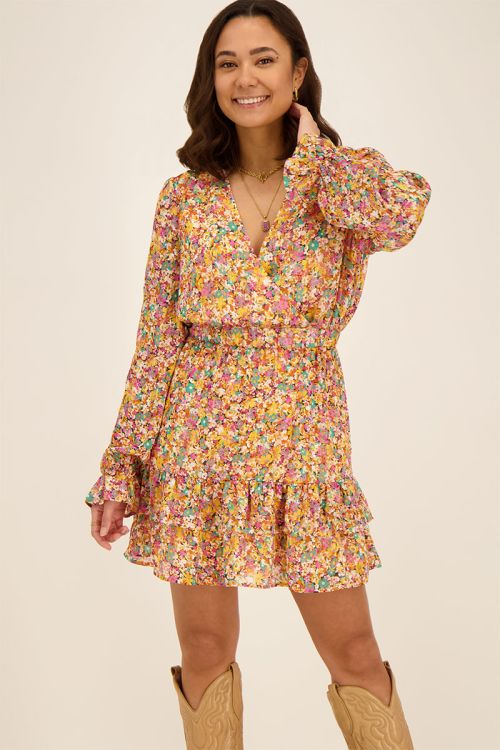 Multicoloured floral print dress with glitter | My Jewellery
