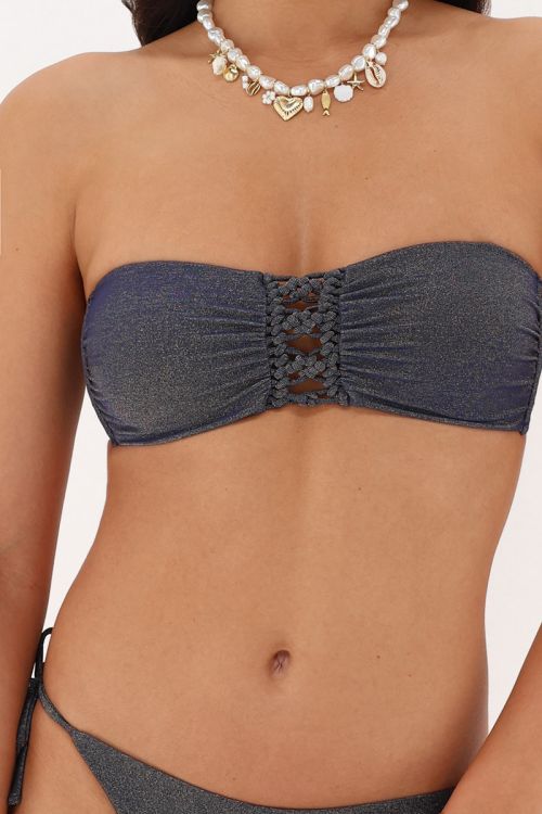 Dunkelblaues Bandeau-Bikini Oberteil mit Lurex