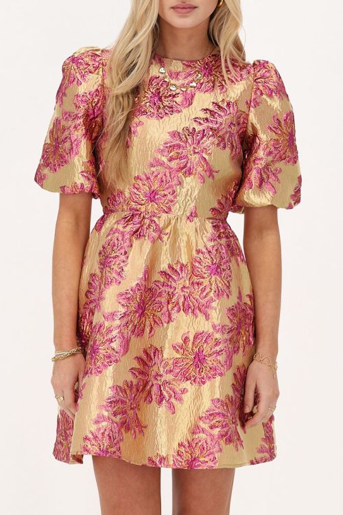 Pink jacquard dress with an open back | My Jewellery