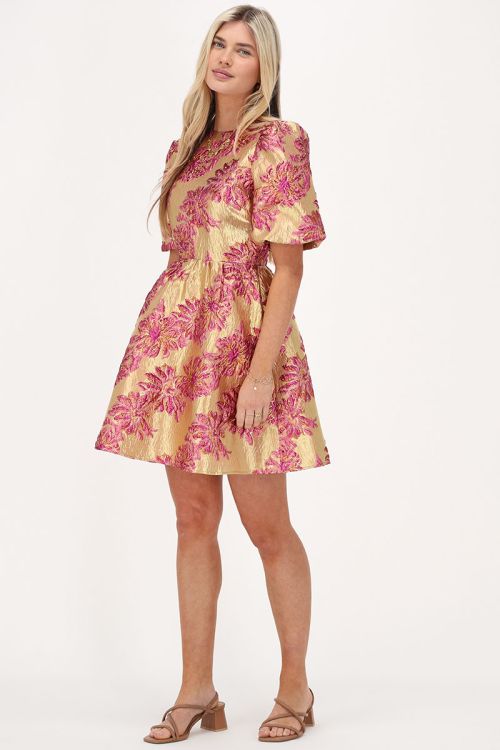 Pink jacquard dress with an open back | My Jewellery