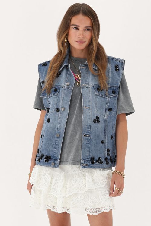 Blue denim vest with floral sequins | My Jewellery