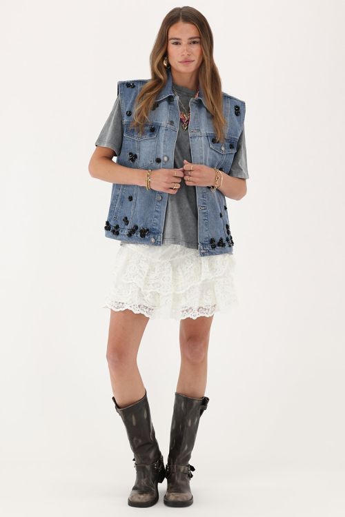 Blue denim vest with floral sequins | My Jewellery