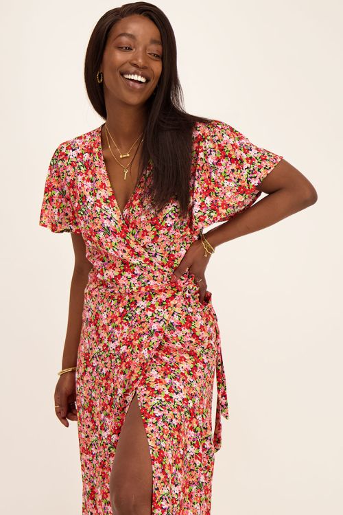 Multikleur midi jurk met overslag & bloemenprint | My Jewellery