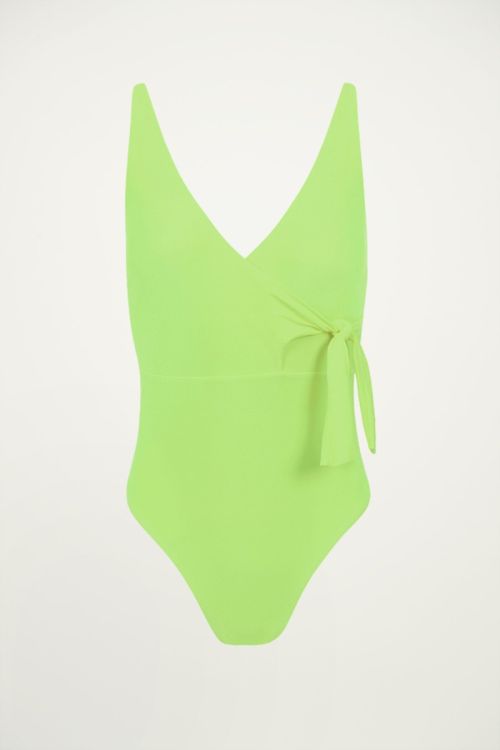 Neon groen badpak met overslag, wrap swimsuit