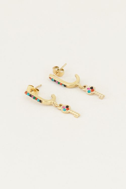 Drop earrings with key & mulit-coloured rhinestones | Rhinestone earrings My Jewellery