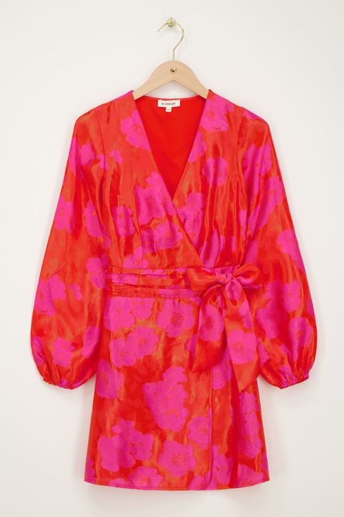 Orange jacquard wrap dress with pink flowers | My Jewellery