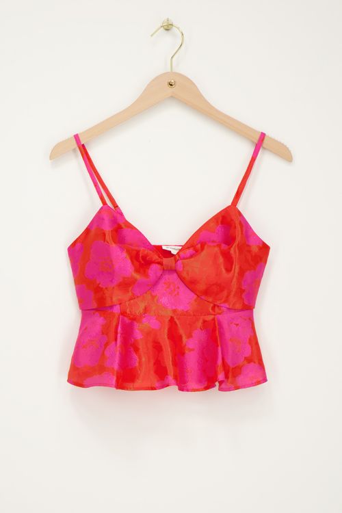 Orange jacquard top with pink flowers 