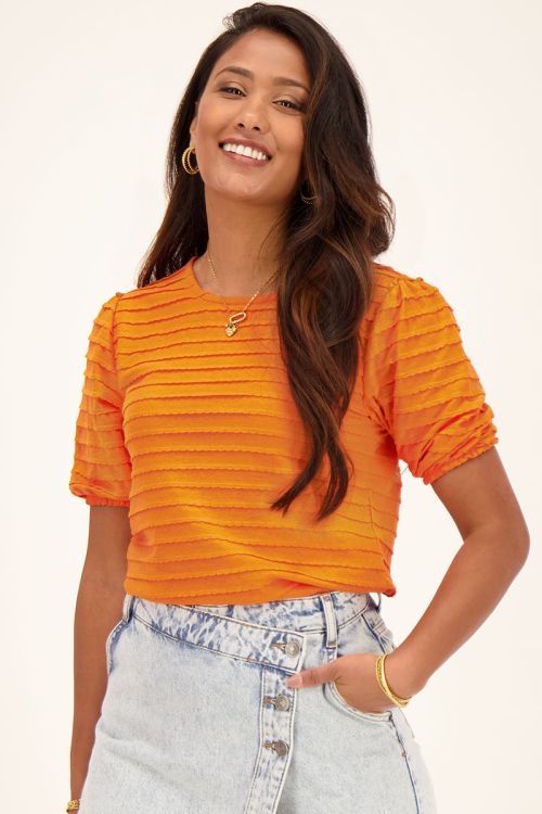 Oranje top met ribstructuur & pofmouw | My Jewellery