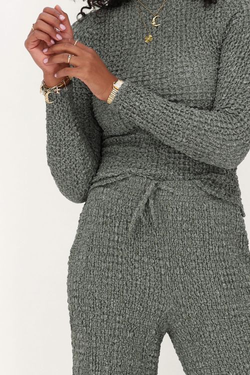 green wide leg trousers with texture