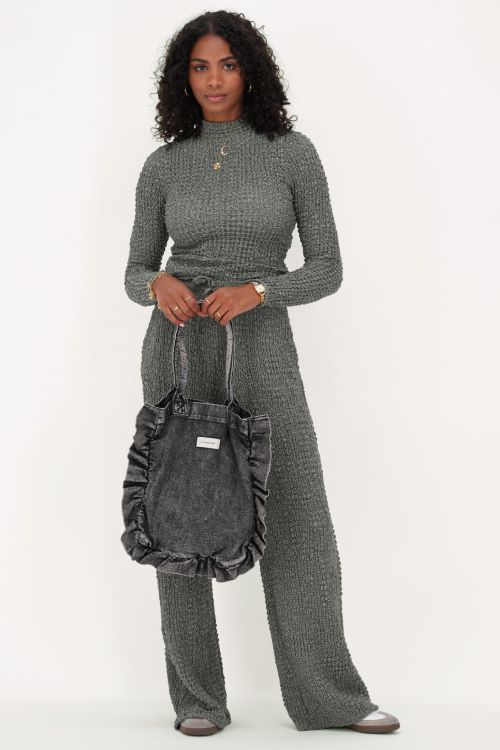green wide leg trousers with texture