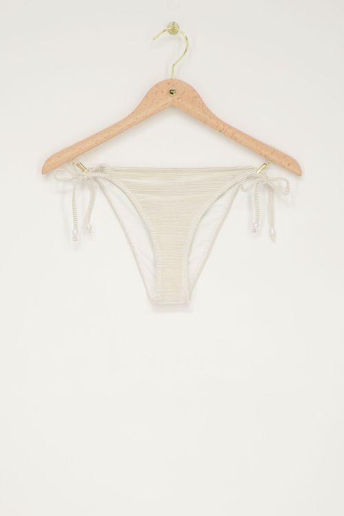 Gold-weiß gestreifte Bikinihose mit Schleifen und Kunstperlen