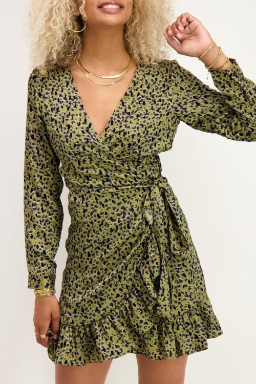 Groene overslag jurk met flock print