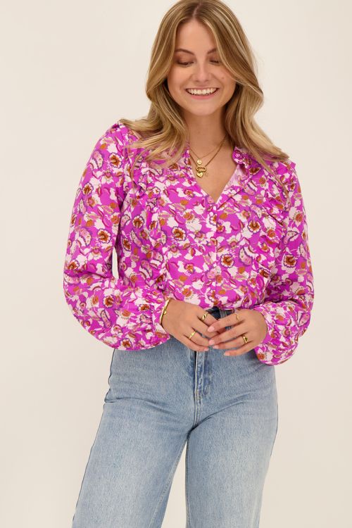 Paarse ruffle blouse met bloemenprint | My Jewellery