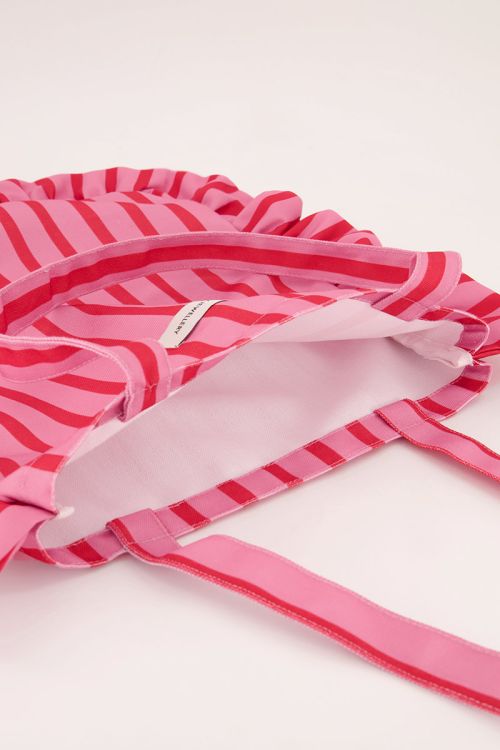 Pink &amp; red striped shopper with ruffle