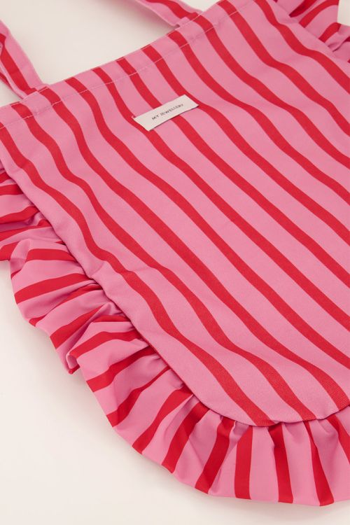 Pink &amp; red striped shopper with ruffle