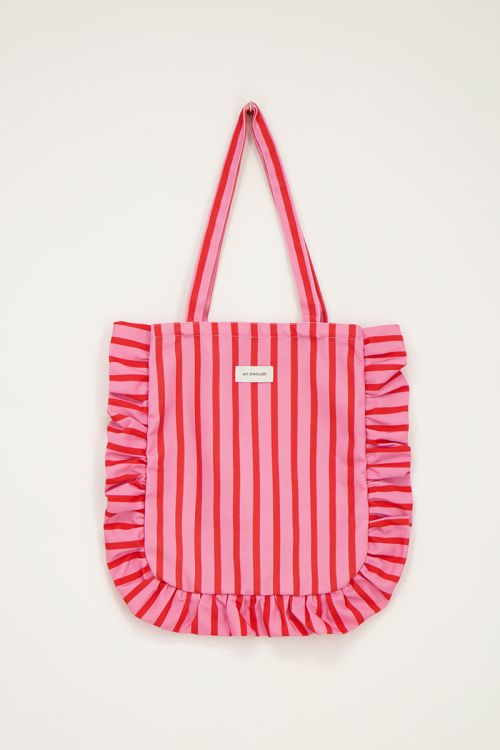 Pink &amp; red striped shopper with ruffle