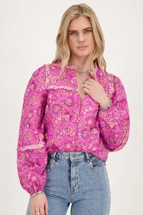 Pink ruffled top with flower print | My Jewellery