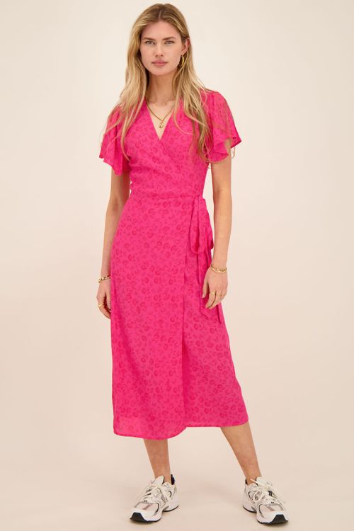 Pink midi wrap dress with red floral print | My Jewellery