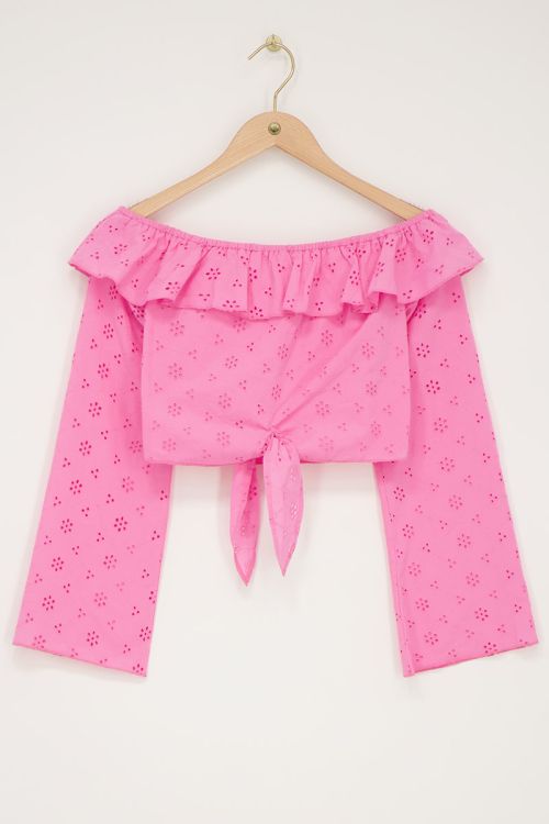 Pink off-shoulder top with embroidery and bow detail