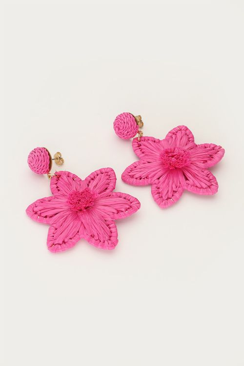 Pink statement earrings with raffia flower | My Jewellery