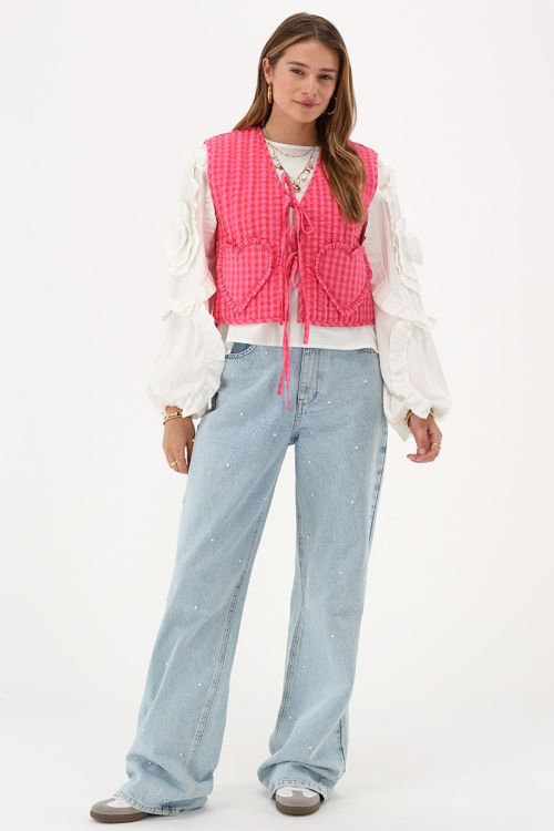 Pink striped gilet with bows & heart shaped pockets | My Jewellery