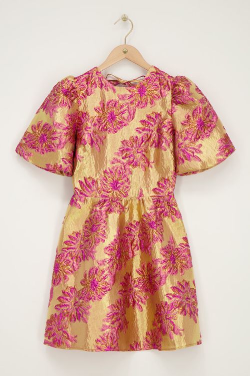 Pink jacquard dress with an open back | My Jewellery