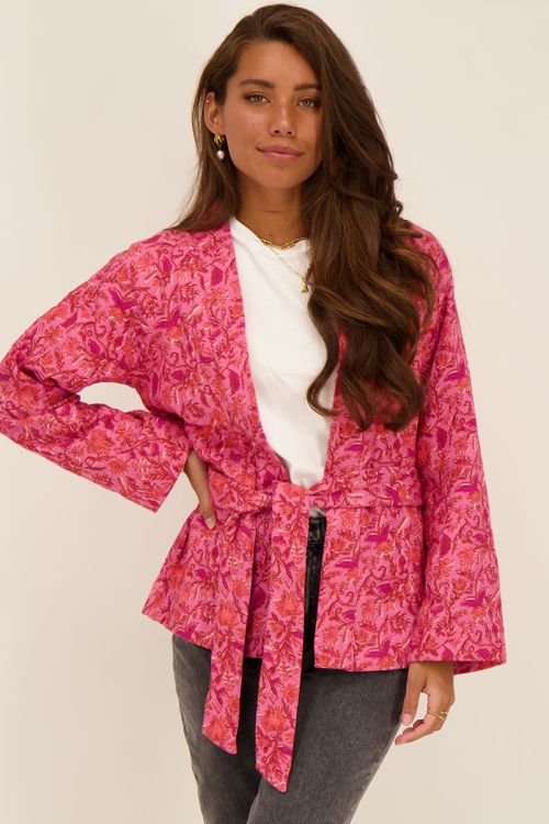 Roze kimono met rode bloemenprint | My Jewellery
