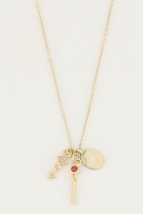Necklace with pink quartz & red jade, necklace with charms
