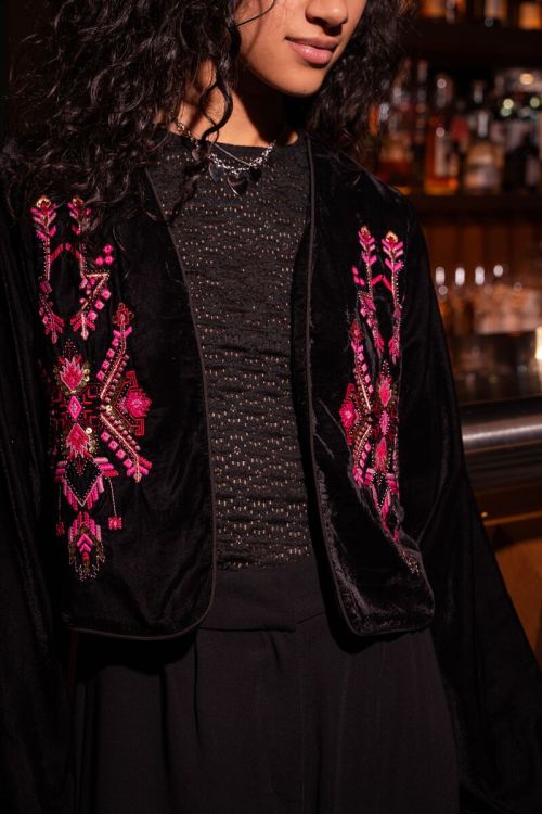 Black velvet jacket with pink embroidery | My Jewellery