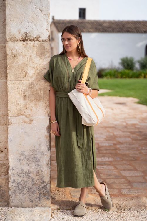 Beige canvas tote bag with orange shoulder strap | My Jewellery