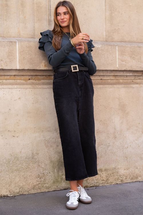 Zwarte midi denim rok met split
