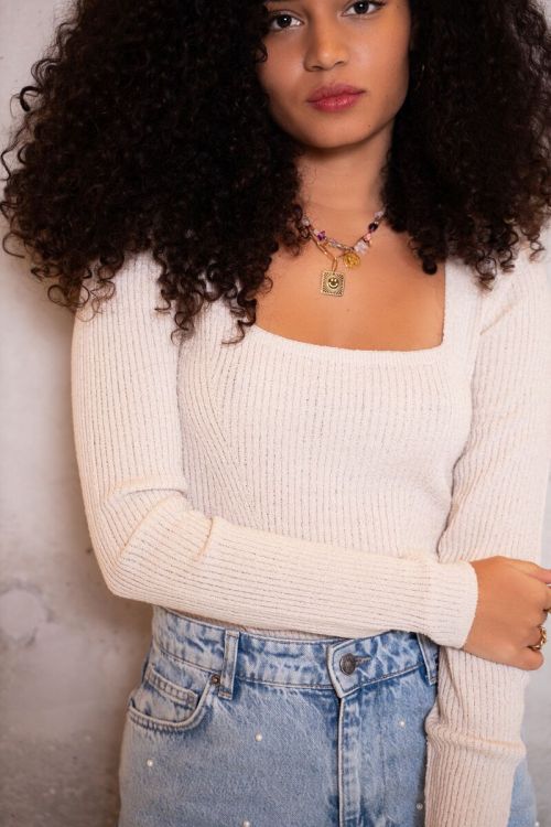 Beige boucle top with square neckline | My Jewellery