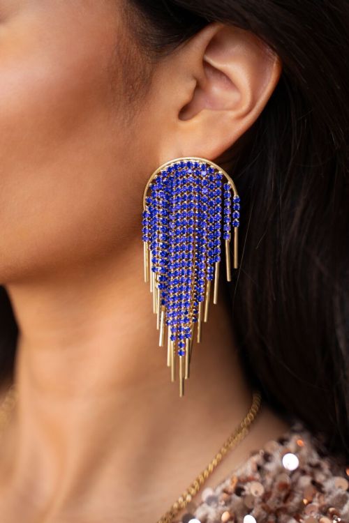Universe statement earrings with blue rhinestone