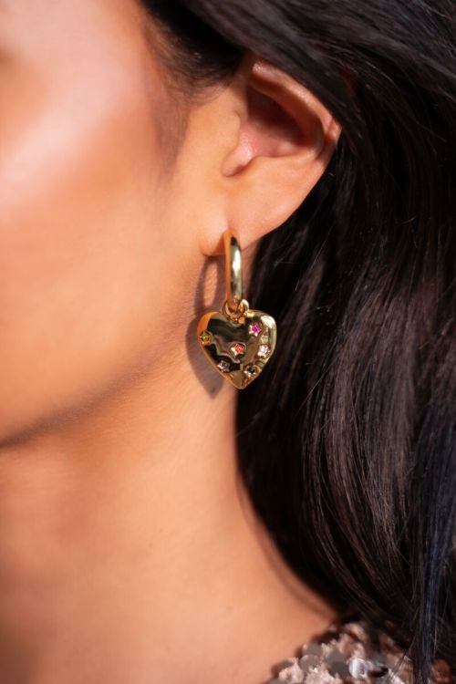 Universe hoop earrings with heart charm and multicoloured rhinestones | My Jewellery