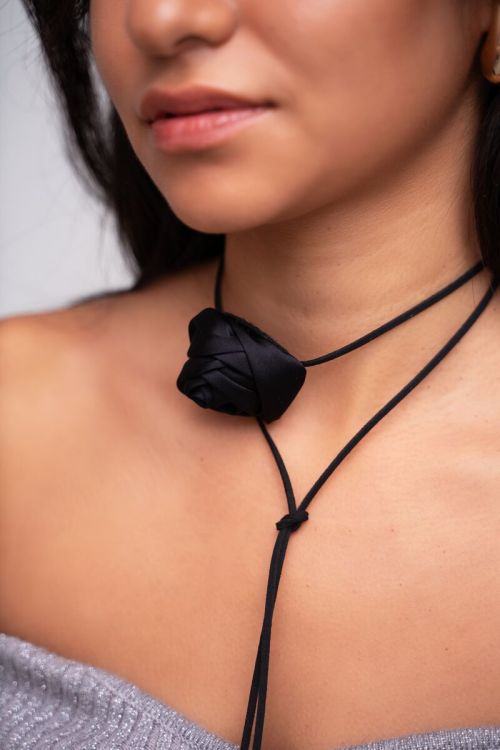 Black cord choker with satin flower | My Jewellery