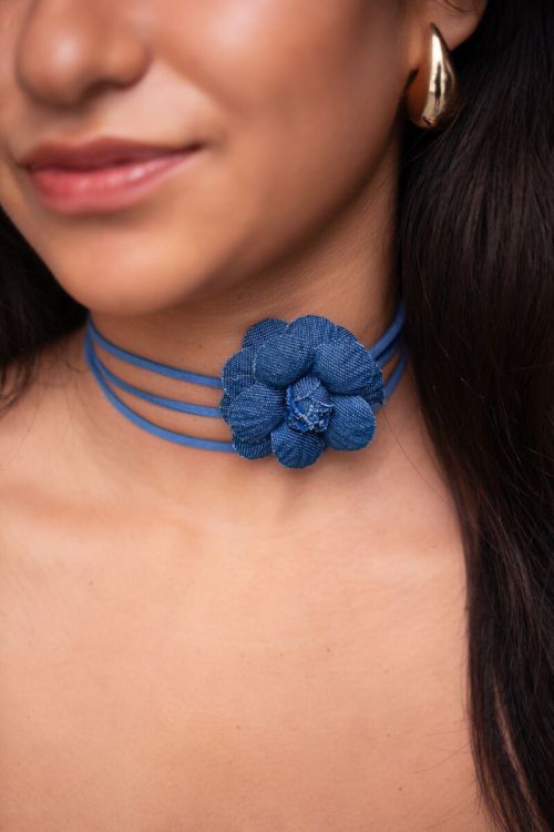 Blue cord choker with denim flower | My Jewellery