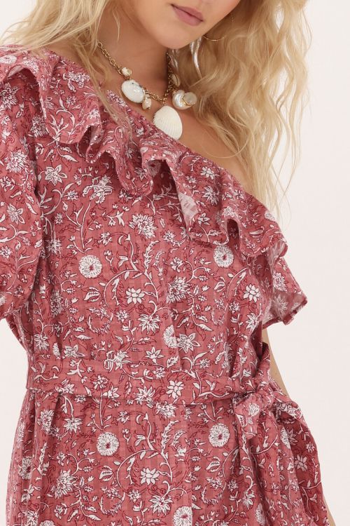 Pinkes One-Shoulder-Maxikleid mit Blumenmuster 