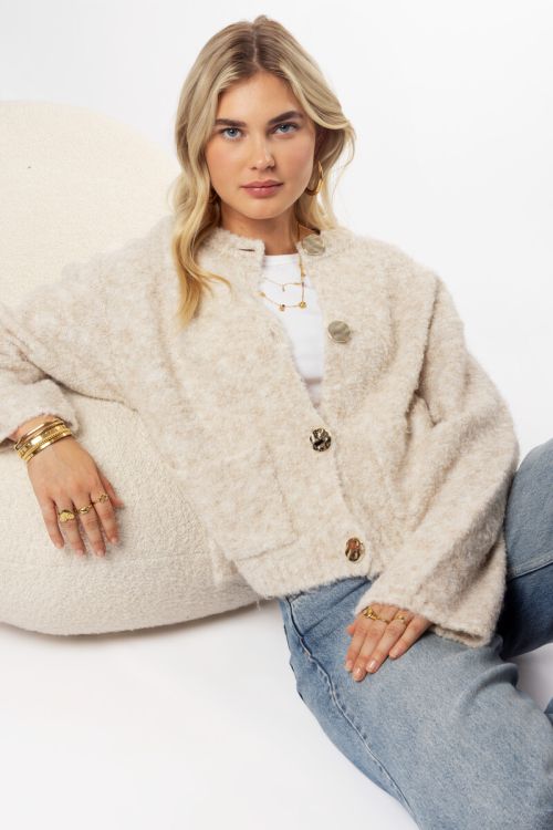 Beige bouclé cardigan with buttons and pockets | My Jewellery