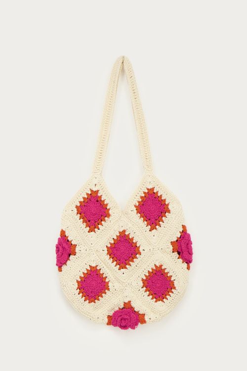 Beige crochet tote bag with orange & pink flowers | My Jewellery