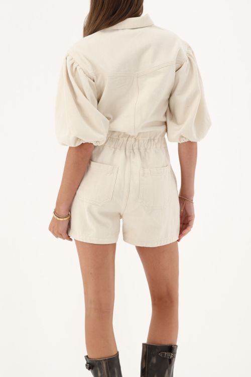 Beige denim playsuit with puff sleeves | My Jewellery